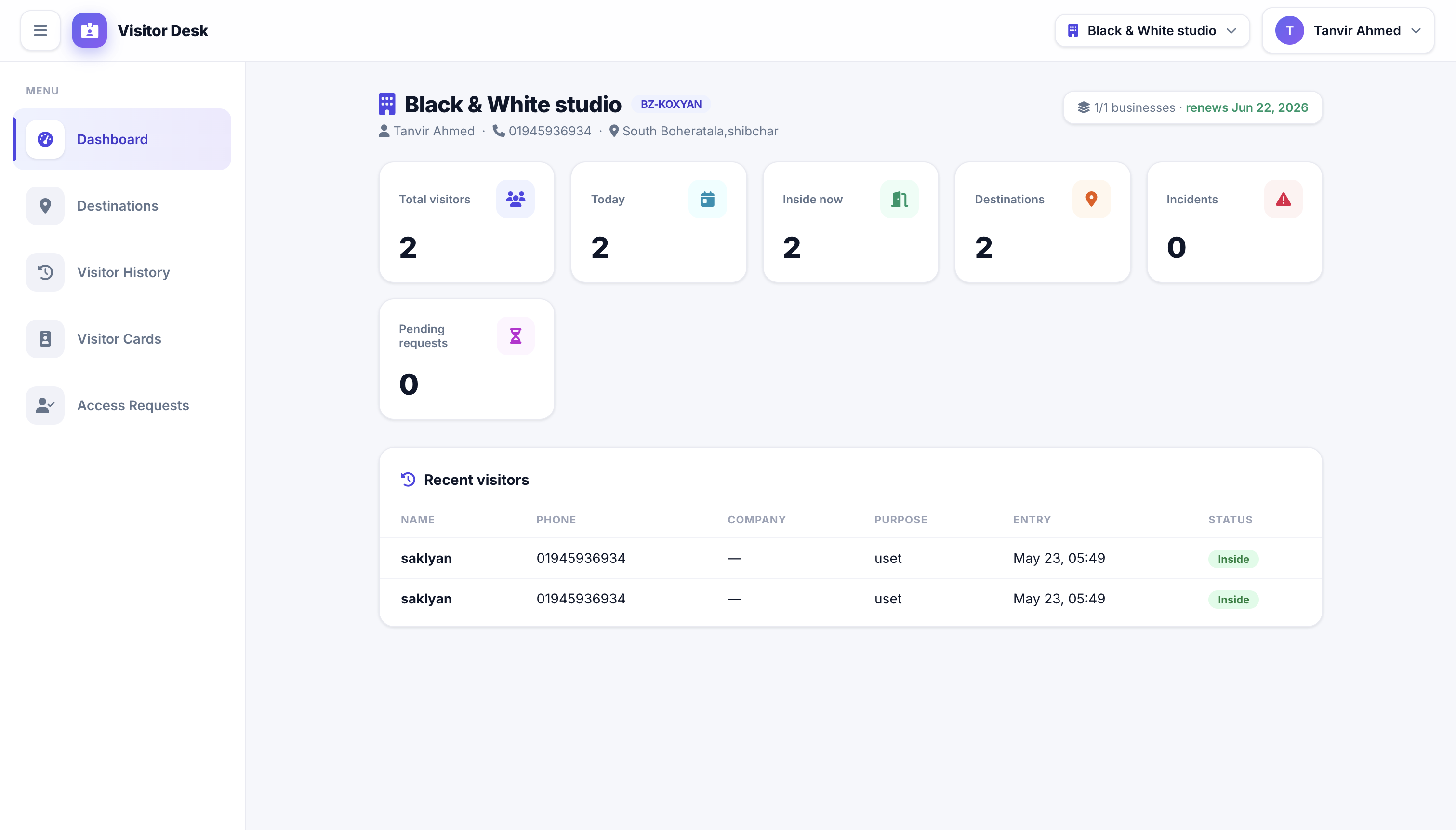 Visitor Desk admin panel dashboard