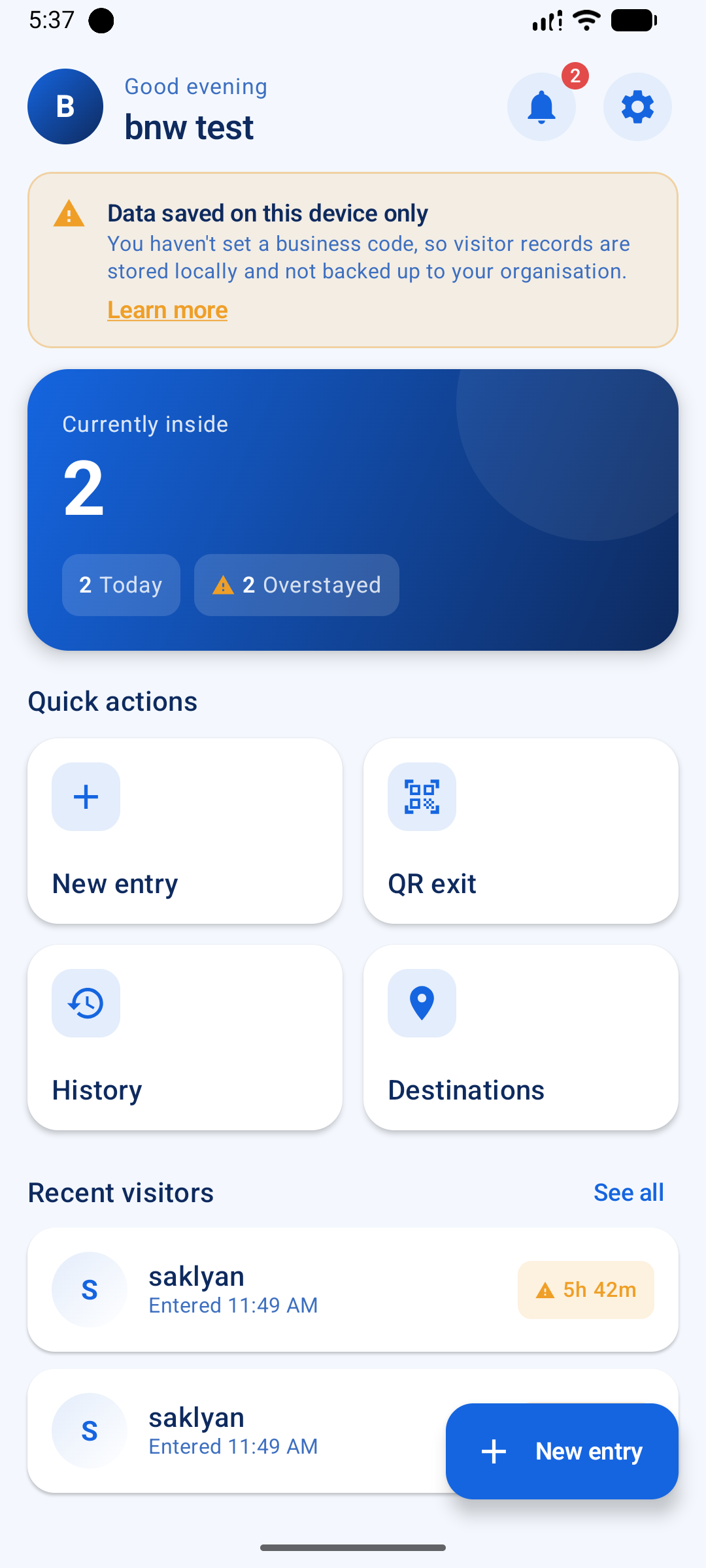 Visitor Desk Android app dashboard